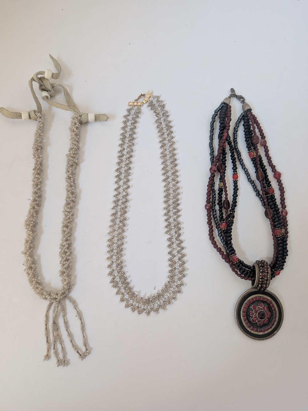 Lot of 3 Vintage Beaded & Statement Necklaces – Fringe, Woven Mesh & Pendant